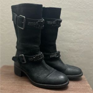 Vera Wang Lavender Label Leather Moto Buckle Rhinestone Boots Women’s Size 9
